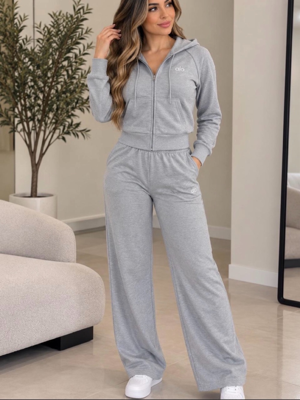 ALO Yoga Women's Light Gray Wide-Leg Pants with Matching Zip Hoodie